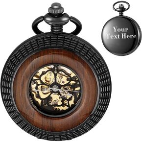 Hand-Wind Mechanical Men's Pocket Watch Steampunk Wood Grain Hollow Design with Chain & Box in Kuwait