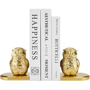 Book Ends Decorative, Owl Bookends Gold Bird Bookends for Shelves, Kids Rooms, Non-Skid Bookend, Heavy Duty Resin Book Stopper for Books, Decorative Holder, Gift for Women, 9.05*3.7*4.72'' Gold