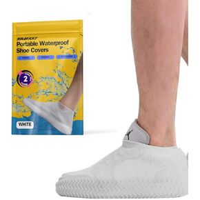 2 pairs Waterproof Shoe Covers, Anti-Slip Water Resistant Overshoes Silicone Rubber Rain Shoe Cover Outdoor cycling Protectors apply to Men, Women, Kids (White), Medium