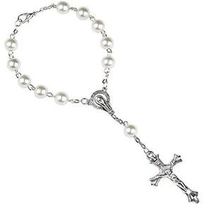 JUXINDA 12 Pc Ivory Color Baptism with Angel Fascination Mini Rosary Silver Plated Acrylic Beads/Recuerditos De Bautismo/Christening Favors/Decenarios/Ten Years/Finger Rosary (Ivory pearl)