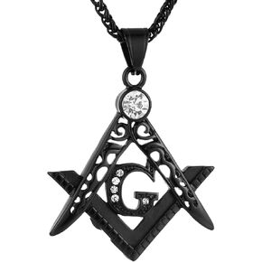 HZMAN Mens Cubic Zirconia Freemason Symbol Masonic Stainless Steel Pendant Necklace 22+2 inch Chain