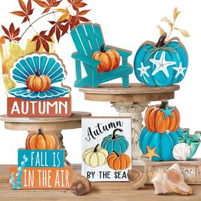 Fall Tiered Tray Decor, Beach Blue Pumpkin Coastal Fall is in the Air Tray Decorations, Autumn Chair Shell Wooden Signs, Rustic Farmhouse Home Decor for Table Shelf Mantel Thanksgiving Party