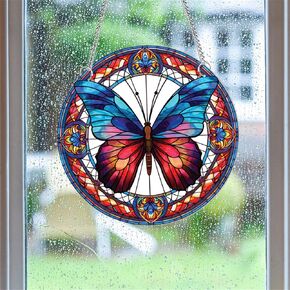 11.8 Inches Colourful Butterfly Window Hanging Natural Stained Panel Hanging Decorative Mural Wall Art Decor Bedroom Office Garden Gift for Mather Grandma Teacher
