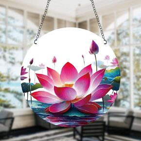 11.8 Inches Lotus Flowers Acrylic Window Hanging Decor Stained Glass Panels Pink Flower Buds Plant Wall Art Mural for Bedroom Garden Wall Decoration Suncatcher Gift for Mom Grandma Teacher