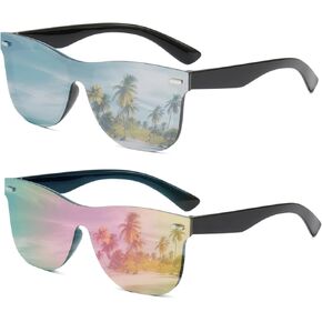 UV400 Rimless One-Piece Lens Reflective Sunglasses - Colored Mirrored Sun Glasses for Men & Women (2 Pack)