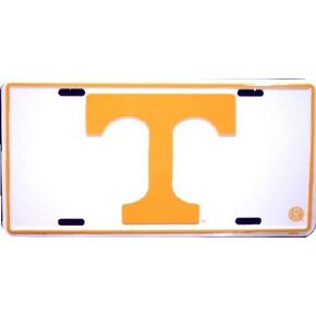 Tennessee T (Orange on white) embossed metal auto tag