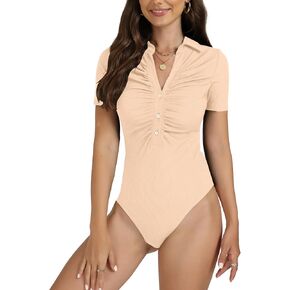 Women's Rib Knit Collar Deep V Neck Ruched Buttons Short Sleeve Bodysuit Leotard Top