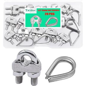 Twidec/20PCS 304 Stainless Steel 1/8" Wire Rope Cable Clip Clamp And Stainless Steel Thimbles For Wire Rope Rigging Tent Rope Guardrail System