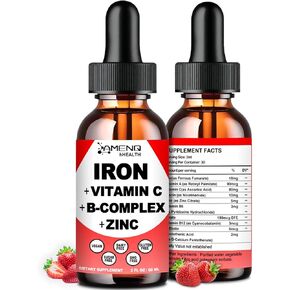 Liquid Iron Supplement w/ Vitamin C, A, B-Complex, Vegan Iron Drops High Potency Liquid Vitamin & Iron Supplements for Women, Men & Children -Support Red Blood Cell, Energy, Anemia & Fatigue