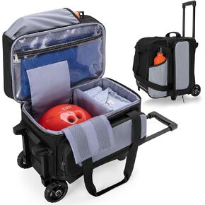 Single Ball Roller Bowling Bag with Wheels and Retractable Handle Extends to 35.4 Inches, Single Bowling Ball Bag with Shoe Compartment and Multiple Accessory Pockets, Black and Gray