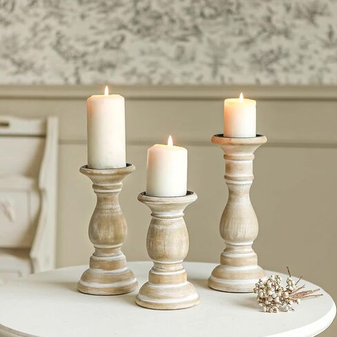 NIKKY HOME Rustic Candle Holder Set of 3 - Farmhouse Wood Pillar Candle Stand, Mantle Decor Centerpieces for Fireplace, Living or Dining Room Table, Whitewash in Saudi Arabia
