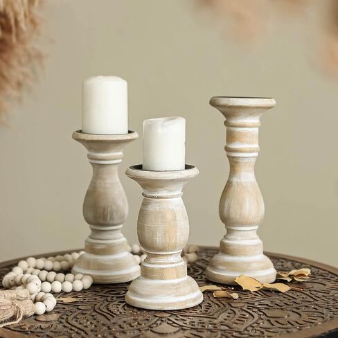 NIKKY HOME Rustic Candle Holder Set of 3 - Farmhouse Wood Pillar Candle Stand, Mantle Decor Centerpieces for Fireplace, Living or Dining Room Table, Whitewash in Saudi Arabia