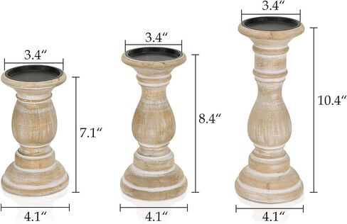 NIKKY HOME Rustic Candle Holder Set of 3 - Farmhouse Wood Pillar Candle Stand, Mantle Decor Centerpieces for Fireplace, Living or Dining Room Table, Whitewash in Saudi Arabia
