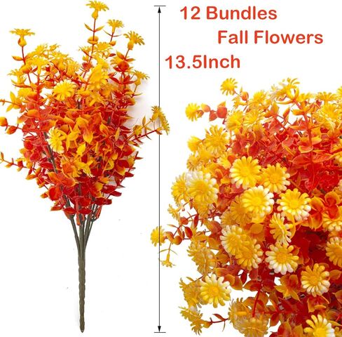 12 Bundles Artificial Fall Flowers for Outdoors Fake Plants - Faux Outside Greenery Boxwood No Fade Plastic Shrubs Decor Farmhouse Home Garden Thanksgiving (Fall Red) in Kuwait