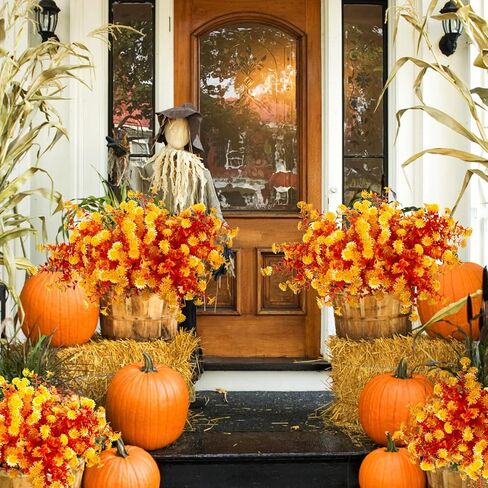 12 Bundles Artificial Fall Flowers for Outdoors Fake Plants - Faux Outside Greenery Boxwood No Fade Plastic Shrubs Decor Farmhouse Home Garden Thanksgiving (Fall Red) in Kuwait