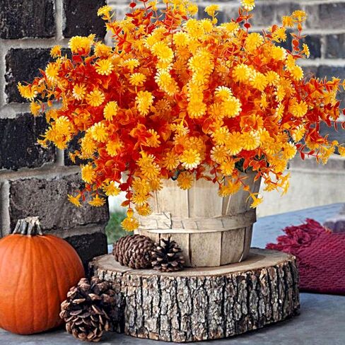 12 Bundles Artificial Fall Flowers for Outdoors Fake Plants - Faux Outside Greenery Boxwood No Fade Plastic Shrubs Decor Farmhouse Home Garden Thanksgiving (Fall Red) in Kuwait