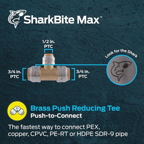SharkBite Max 3/4 Inch x 3/4 Inch x 1/2 Inch Reducing Tee, Push To Connect Brass Plumbing Fitting, PEX Pipe, Copper, CPVC, PE-RT, HDPE, UR412A in Saudi Arabia