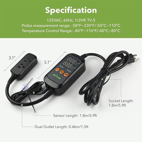 جهاز التحكم الرقمي في درجة الحرارة BN-LINK، قابس جهاز التحكم في درجة الحرارة بمنفذ تبريد على مرحلتين للزواحف وأحواض السمك وتربية البيرة المنزلية وإنبات البذور درجة مئوية/درجة فهرنهايت -40-176 درجة فهرنهايت 15 أمبير/1875 وات in Kuwait