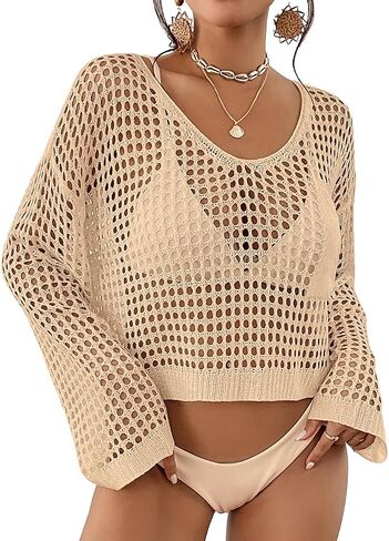 Bsubseach Womens Crochet Crop Top Beach Swimsuit Cover Up Long Sleeve Hollow Out Bathing Suit Cover Ups in Kuwait