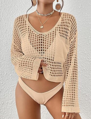 Bsubseach Womens Crochet Crop Top Beach Swimsuit Cover Up Long Sleeve Hollow Out Bathing Suit Cover Ups in Kuwait