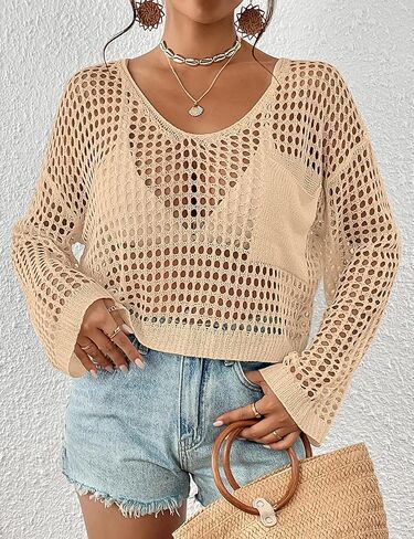 Bsubseach Womens Crochet Crop Top Beach Swimsuit Cover Up Long Sleeve Hollow Out Bathing Suit Cover Ups in Kuwait