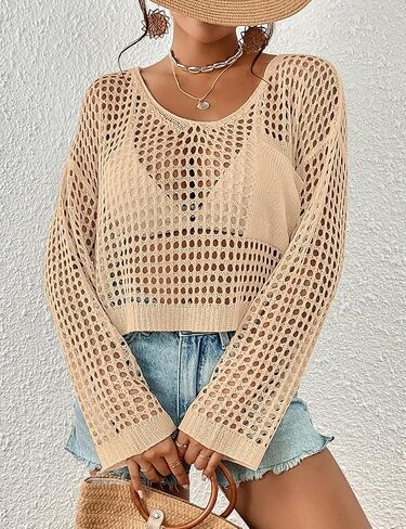 Bsubseach Womens Crochet Crop Top Beach Swimsuit Cover Up Long Sleeve Hollow Out Bathing Suit Cover Ups in Kuwait
