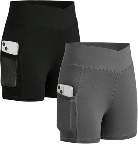 OYOANGLE Girl's 2 Pcs Cross High Waist Dance Yoga Biker Shorts Athletic Leggings Shorts with Pocket in Saudi Arabia