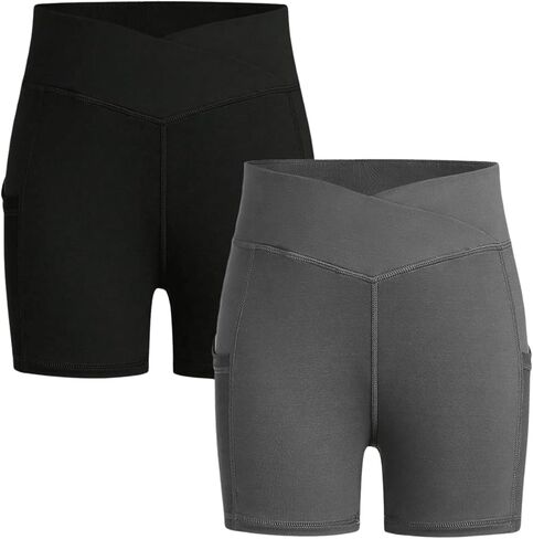 OYOANGLE Girl's 2 Pcs Cross High Waist Dance Yoga Biker Shorts Athletic Leggings Shorts with Pocket in Saudi Arabia