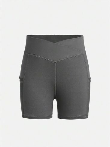 OYOANGLE Girl's 2 Pcs Cross High Waist Dance Yoga Biker Shorts Athletic Leggings Shorts with Pocket in Saudi Arabia