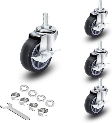 Swivel Caster Wheels 3 Inch Threaded Stem Casters Set of 4 Heavy Duty 1/2"-13 x 1" with Brake Polyurethane Industrial Locking Castors Wheels for Cart, Furniture, Workbench (Black, 3 inches) in Saudi Arabia