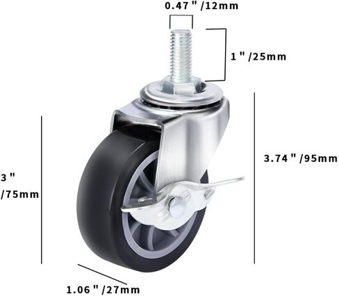 Swivel Caster Wheels 3 Inch Threaded Stem Casters Set of 4 Heavy Duty 1/2"-13 x 1" with Brake Polyurethane Industrial Locking Castors Wheels for Cart, Furniture, Workbench (Black, 3 inches) in Saudi Arabia