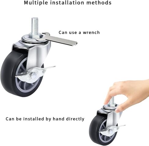 Swivel Caster Wheels 3 Inch Threaded Stem Casters Set of 4 Heavy Duty 1/2"-13 x 1" with Brake Polyurethane Industrial Locking Castors Wheels for Cart, Furniture, Workbench (Black, 3 inches) in Saudi Arabia