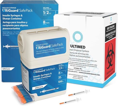 3 في 1: مجموعة محاقن الأنسولين الآمنة من UltiGuard، وحاوية الأدوات الحادة ومواد التخلص من البريد المدفوع مسبقًا لحقن الأنسولين في المنزل والتخلص الآمن من الإبرة، الحجم: 1/2 سم مكعب/مل 31 جم × 8 مم (5/16 بوصة)، 100 عدد in Kuwait