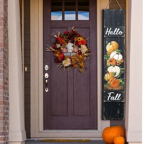 Dandat Fall Porch Sign Wooden Pumpkin Hanging Porch Decor Autumn Vertical Thanksgiving Welcome Signs for Front Porch Rustic Pumpkin Decoration Outdoor Standing for Home Yard, 42(Dark Color) in Kuwait