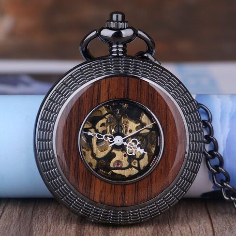 Hand-Wind Mechanical Men's Pocket Watch Steampunk Wood Grain Hollow Design with Chain & Box in Kuwait