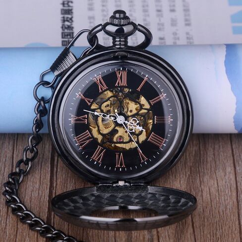 Hand-Wind Mechanical Men's Pocket Watch Steampunk Wood Grain Hollow Design with Chain & Box in Kuwait