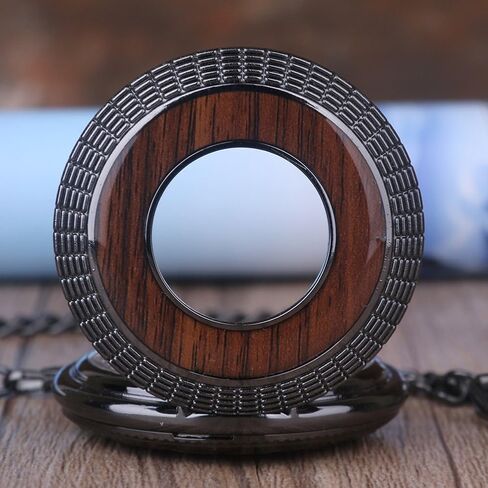 Hand-Wind Mechanical Men's Pocket Watch Steampunk Wood Grain Hollow Design with Chain & Box in Kuwait