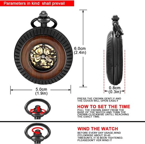 Hand-Wind Mechanical Men's Pocket Watch Steampunk Wood Grain Hollow Design with Chain & Box in Kuwait