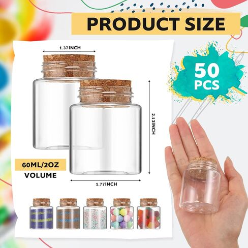 Nuenen 50 جهاز كمبيوتر شخصى 2 أوقية زجاجات الفن الرمل البلاستيكية مع سدادات الفلين حاويات صغيرة واضحة لفن الرمل زجاجات جرعة قارورة صغيرة الجرار البلاستيكية مع الأغطية الفنون واللوازم الحرفية للأطفال DIY in Kuwait