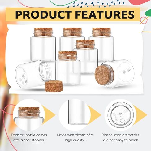 Nuenen 50 جهاز كمبيوتر شخصى 2 أوقية زجاجات الفن الرمل البلاستيكية مع سدادات الفلين حاويات صغيرة واضحة لفن الرمل زجاجات جرعة قارورة صغيرة الجرار البلاستيكية مع الأغطية الفنون واللوازم الحرفية للأطفال DIY in Kuwait