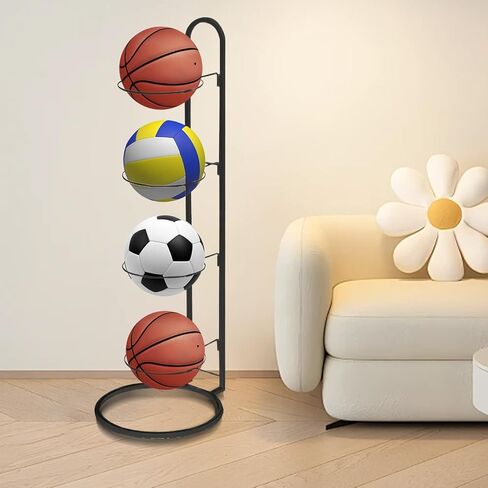 2024 New Ball Storage Rack，4 Tier Cube Ball Storage Holder，Basketball Football Holder Carbon Steel Heavy Duty Basketball Stand Painted Nail-Free Multi-Purpose Vertical Ball Rack in Kuwait