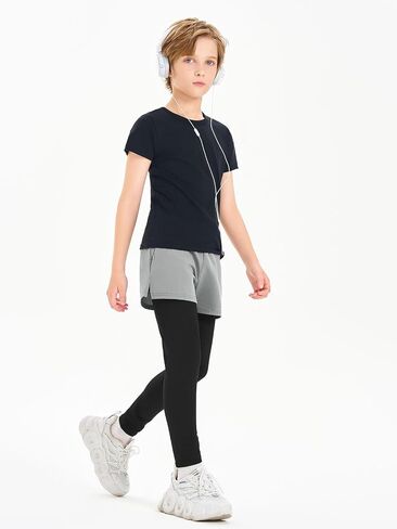 Haloumoning Boys Athletic 2 in 1 Shorts with Leggings Kids Workout Basketball Compression Pants with Zipper Pockets in Saudi Arabia