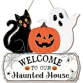 Halloween Decorations Door Hanging Sign, Halloween Welcome Front Door Hanger Wreath Yard Wall Decor Ghost Black Cat Pumpkin Wooden Door Sign for Halloween Party Supplies Home Haunted House Decor