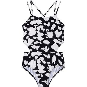 LIZENS Girls' One Piece Leopard Swimwear Cut Out Spaghetti Straps Swimsuit Floral Beach Bathing Suit for Girls Toddler Kids