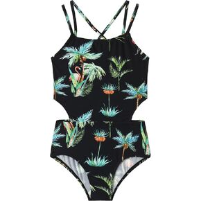 LIZENS Girls' One Piece Leopard Swimwear Cut Out Spaghetti Straps Swimsuit Floral Beach Bathing Suit for Girls Toddler Kids