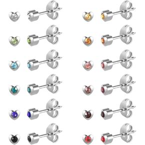 12 Pairs Ear Piercing Stud Earrings, Surgical Stainless Steel Multicolor Cubic Zirconia Birthstone Stud Earrings for Ear Piercing Guns
