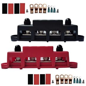 Power Distribution Block Busbar,4 × 3/8"(M10) Post,3×#8 Screw Terminals,48V 250 Amp,Marine, Automotive&Solar Wiring,Negative & Positive,Set of 1 Pair(Red & Black)