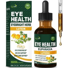 Eyebright Herb Eye Health Drops, Bilberry & Lutein Liquid Extract Supplement for Eye Strain Relief & Sight Care Support. Euphrasia Officinalis, Arándanos, Luteína para Los Ojos. 2oz