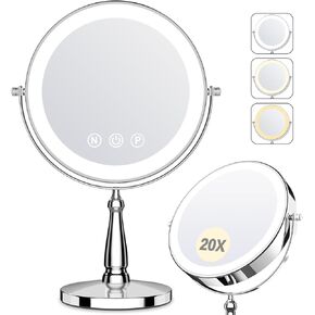 Lighted Makeup Mirror, 20X Magnifying Mirror with Light and 3 Colors, 9" Tabletop mirror with stand and Adjustable Brightness, 2-Sided Vanity Mirror with 360°Rotation, 80 LEDs Travel Makeup Mirror