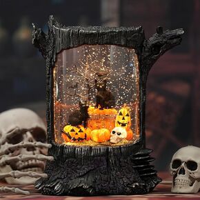 Halloween Decorations Black Cats Snow Globe, Pumpkins Swirling Glitter Snow Globes Lantern with Music, 3 AA Battery Operated & USB Powered, Halloween Holiday Party Gifts and Decorations